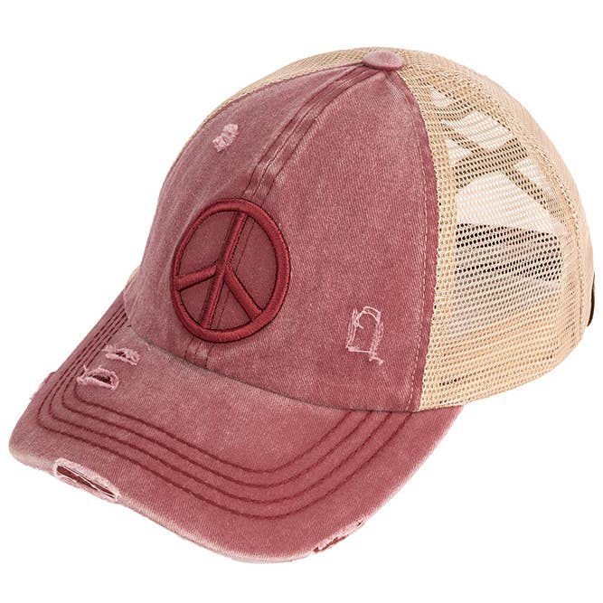 Hana - Wholesale Ponytail Cap - Women's - C.C Peace Sign Distressed Criss Cross Pony Cap