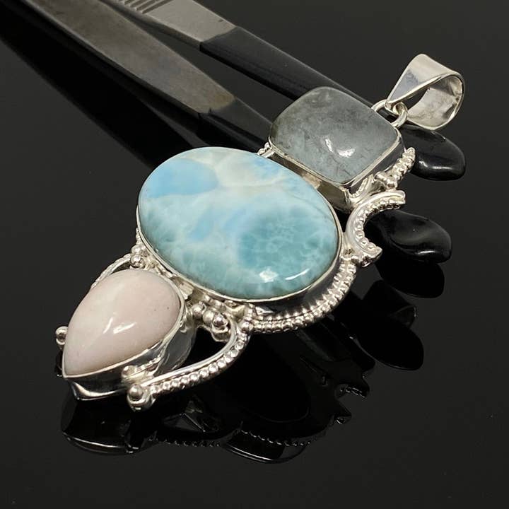 Gemstone vedhæng - Larimar, Aquamarine og Pink Opal, Wire Indpakket Vedhæng, Sølv Smykker Gaver til hende, Boheme Smykker for engroshandel hos Akstar Gems
