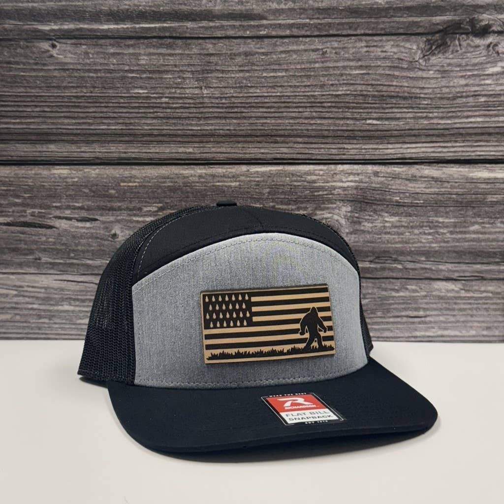 208 Tees - Wholesale Trucker Hat - Unisex - Bigfoot Forest Flag Leather Patch Hat - American Flag Design2