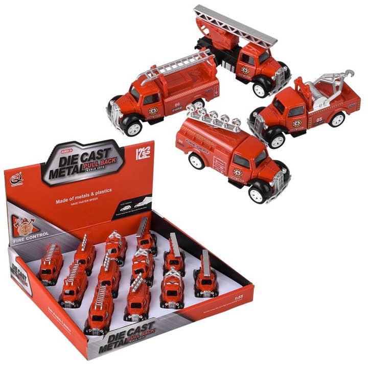 La Luna Bella - Toys - Wholesale Classic Toy - Kids - 3" Die Cast Pull Back Classic Fire Engine 12ct- LLB Toys