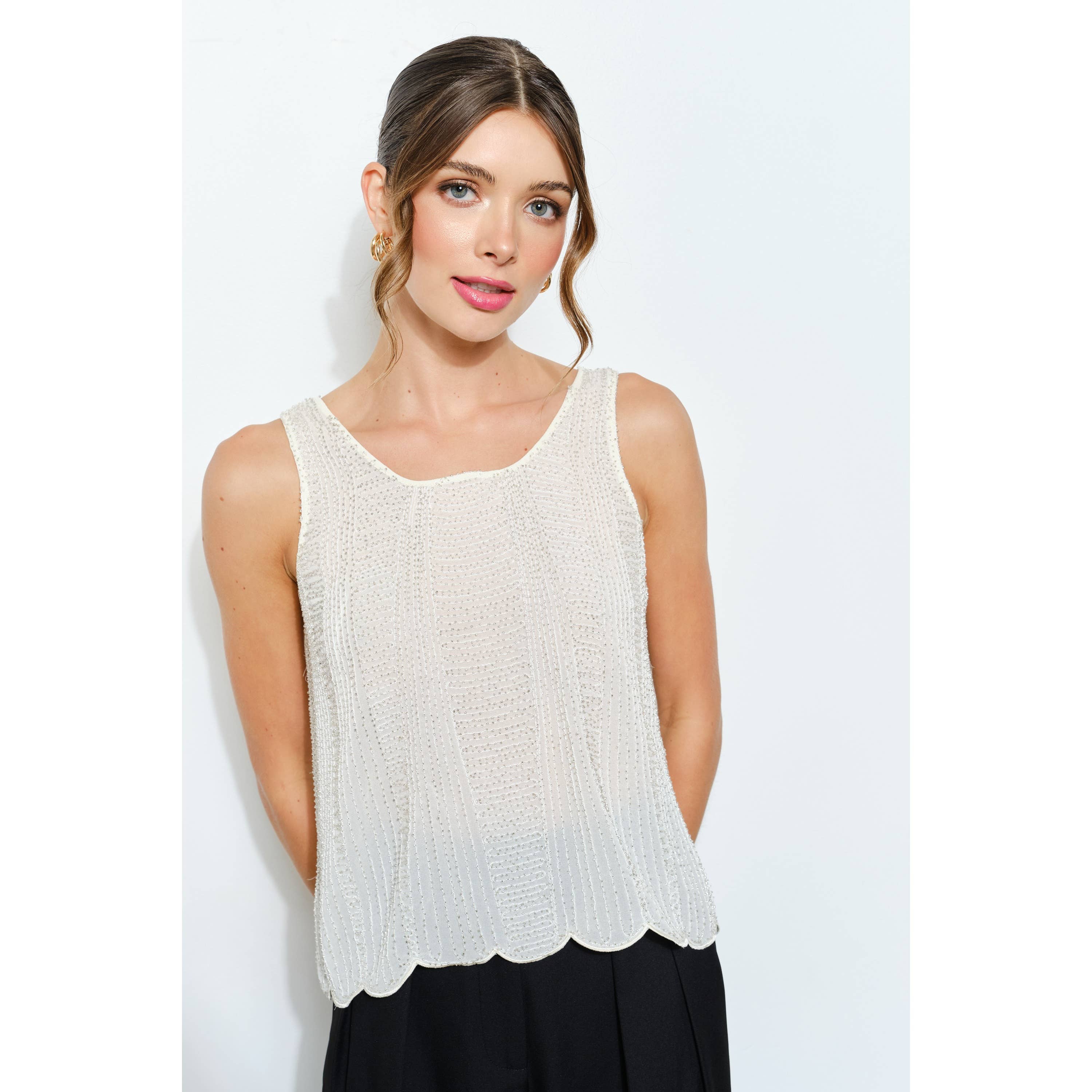 INA - Wholesale Blouse - Women's - All Over Beaded Scallop Hem Sleeveless Top2