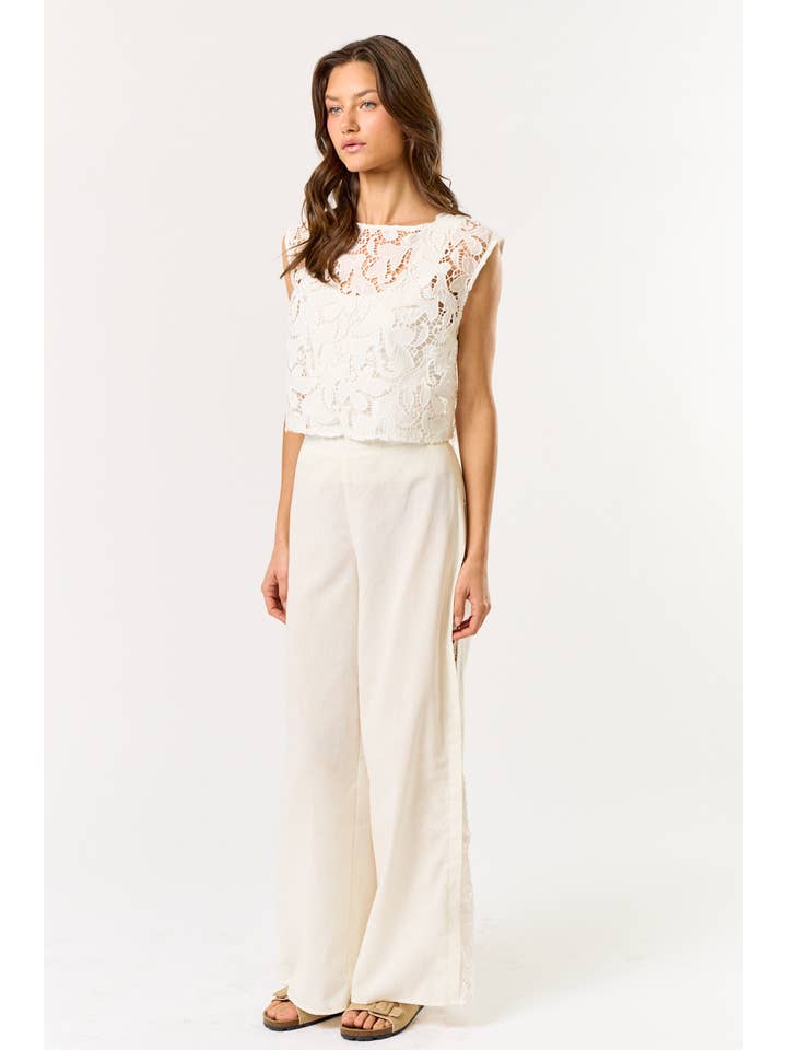 IVORY ILS4871 Linen & Lace Crop Top & Pant Set for wholesale on Faire