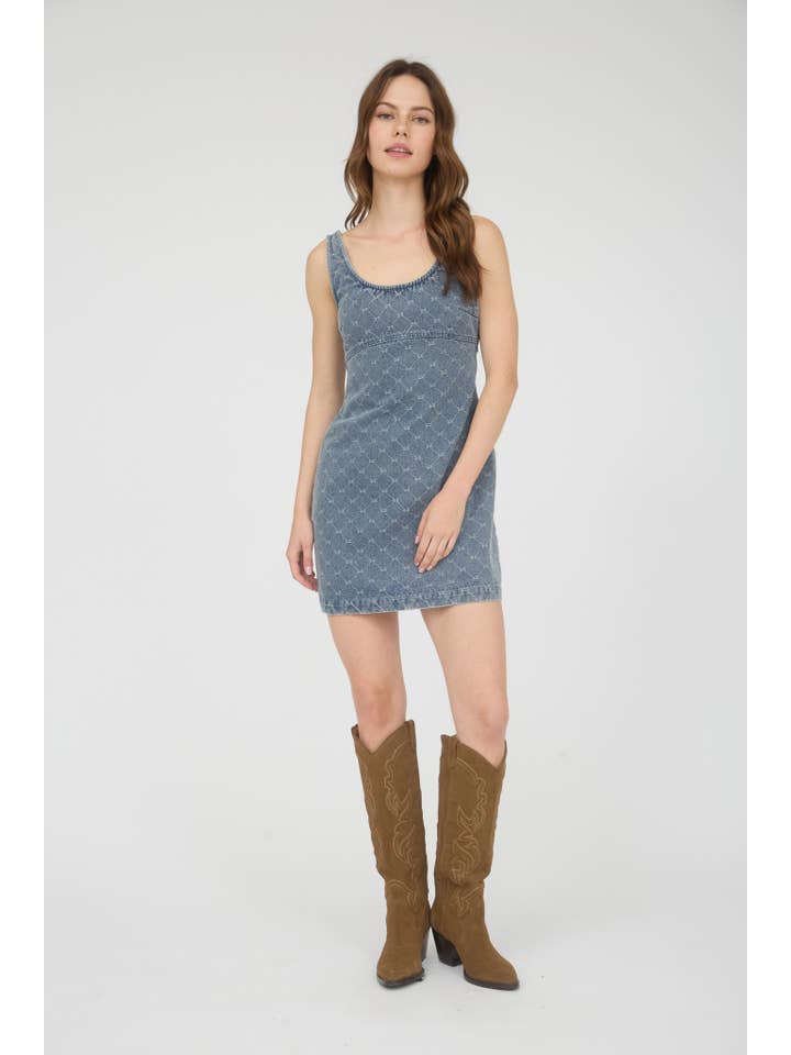 BOW PATTERN SLEEVELESS DENIM MINI DRESS for wholesale on Faire5