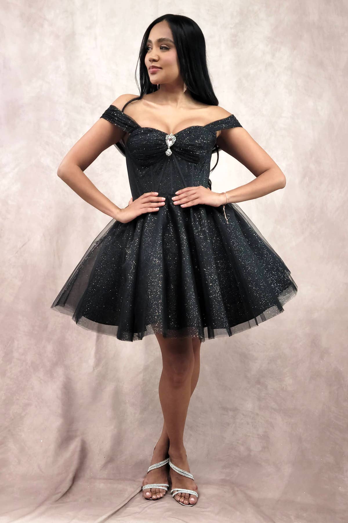 Chicas - Wholesale Dress - Women's - Short Off The Shoulder Tulle Dress With Brooch13