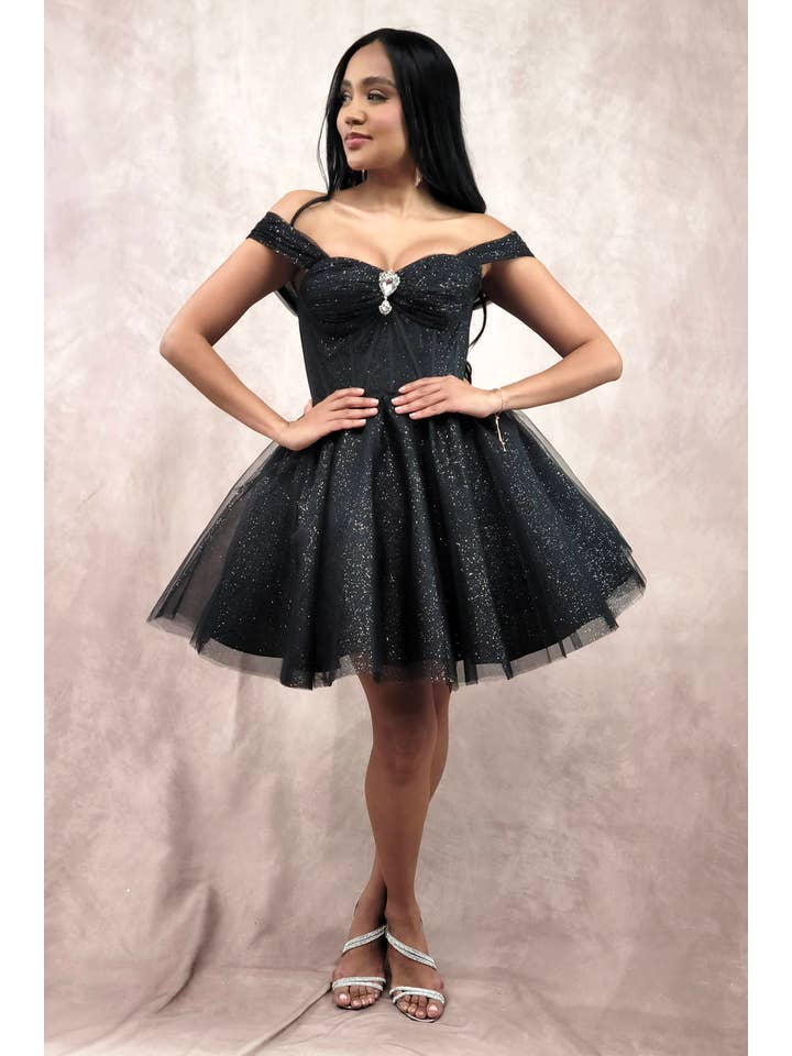 Chicas - Wholesale Dress - Women's - Short Off The Shoulder Tulle Dress With Brooch13