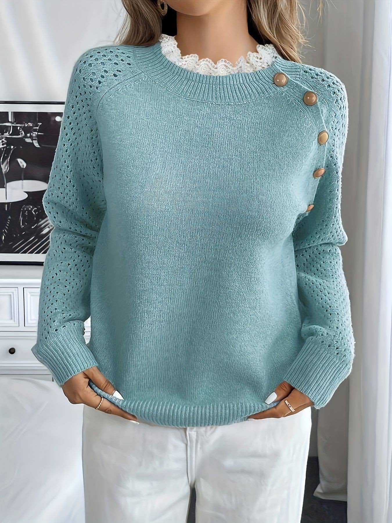 Rosa Clothing - Wholesale Knit Sweater - Women's - Openwork Long-Sleeve Sweater with Button-Front Design0