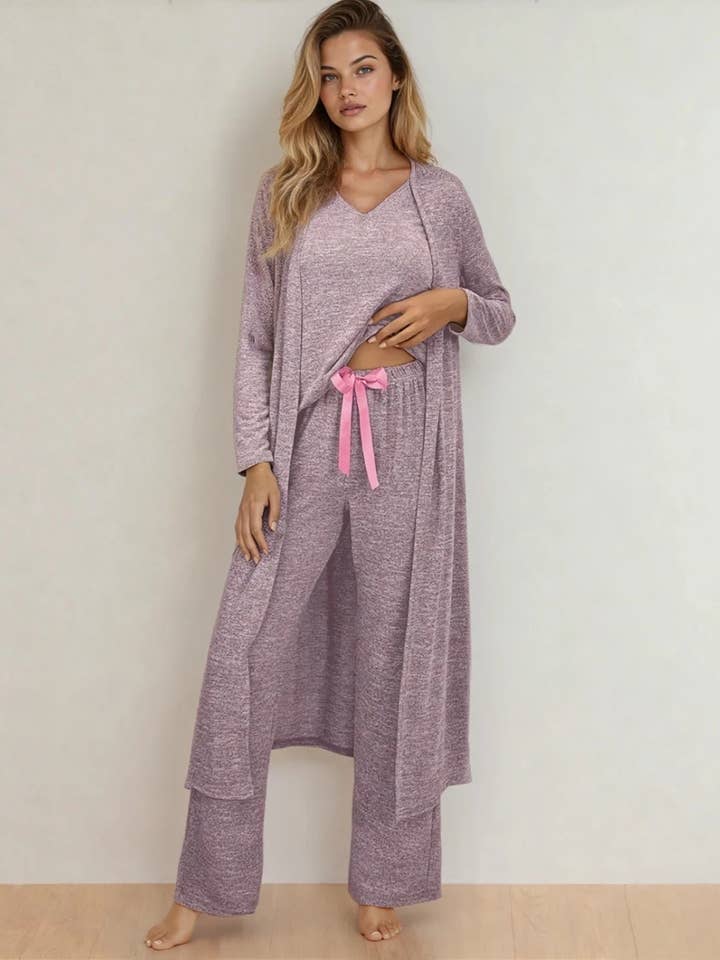 Conjunto de salón de 3 piezas con pantalones de lazo Maggie Ribbon Knot y abrigo abierto - Rosa para venta al por mayor de Indie & Co. | Women's Apparel