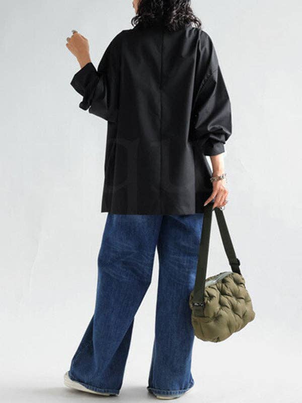 BLACK High Neck Loose Fit Solid Color Long Sleeve T-shirt Top for wholesale on Faire4