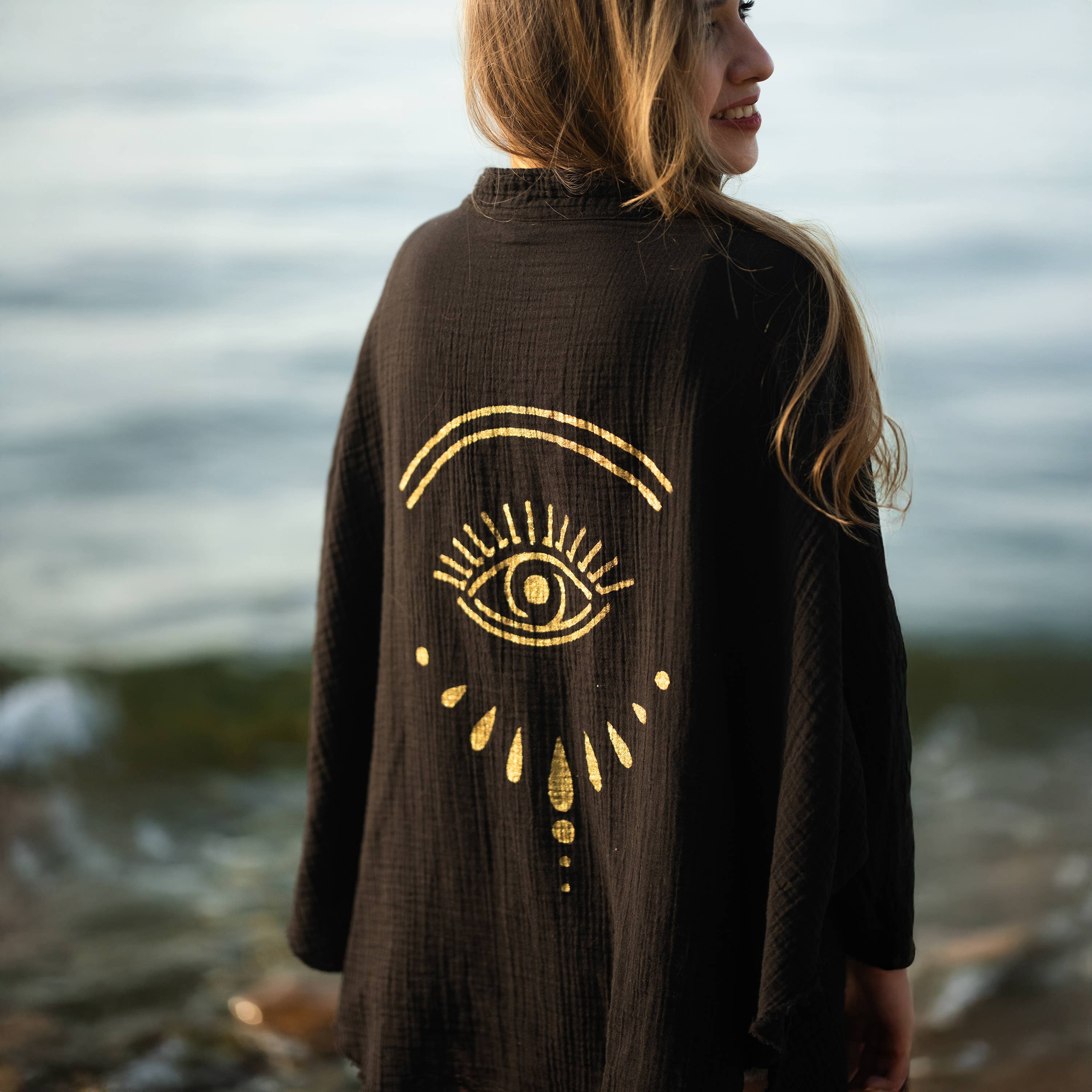 Moa – wholesale Kimono – Women's – Black Evil Eye Muslin Kimono Robe / Poncho 0