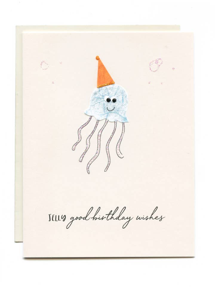 « Jelly Good Birthday Wishes » Poisson gelée avec chapeau de fête pour la vente par FLAUNT HANDMADE CORRESPONDENCES