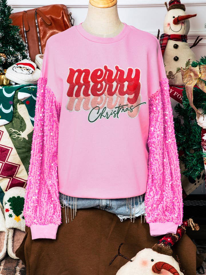 Fashion-W Merry Christmas Sequin Sleeve Patchwork Top for wholesale by fashionworks