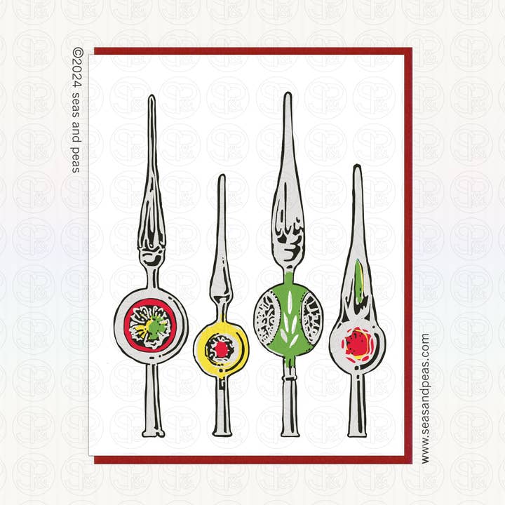 Four Vintage Ornaments Christmas Card for wholesale by Seas and Peas, LLC
