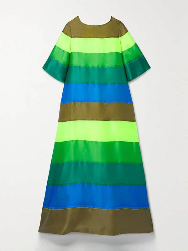 UZ Wholesale Store – Großhandel Kleid – Damen – Kleid mit ausgestellten Ärmeln, halben Ärmeln, rückenfreiem Kontrastfarbton, plissierten Streifen und Rundhalsausschnitt.4