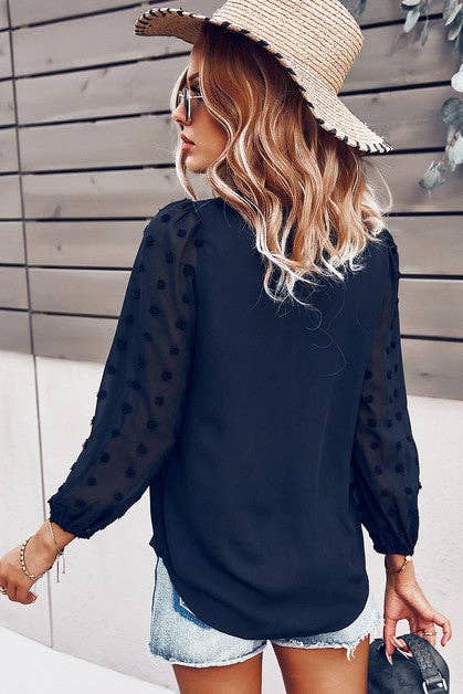 Supreme Fashion - Wholesale Blouse - Women's - Solid V Neck Lantern Sleeve Swiss Dot Shirt1