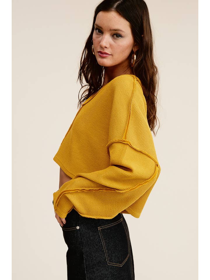Mustard Exposed Seam V Neck Long Sleeve Oversized Sweater for wholesale on Faire