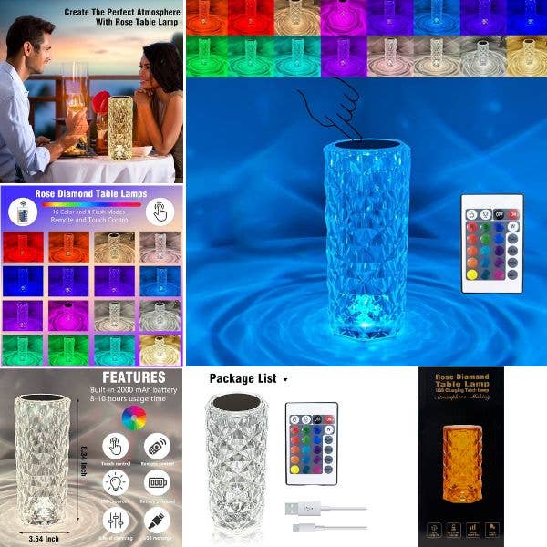 Rose Diamond Table Lamp - USB Charging - LED Color Changing for wholesale by St. Louis Wholesale LLC