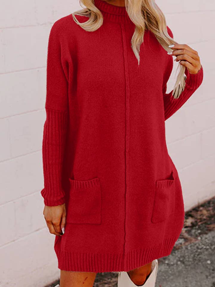 Lovesoft – Engroshandel Kjole - Dame – Kastanjebrun ribbet højhalset kjole med forlommer og midtersøm.6