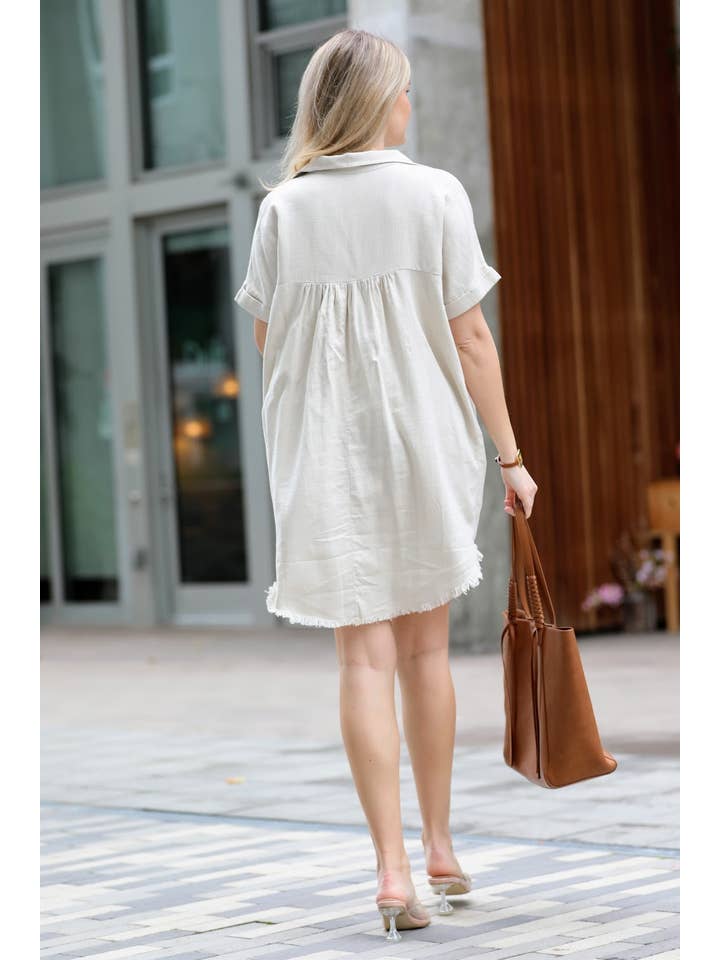 42POPS - Wholesale Dress - Women's - .SI-24570 Linen Shirt Dress With Frayed Hem