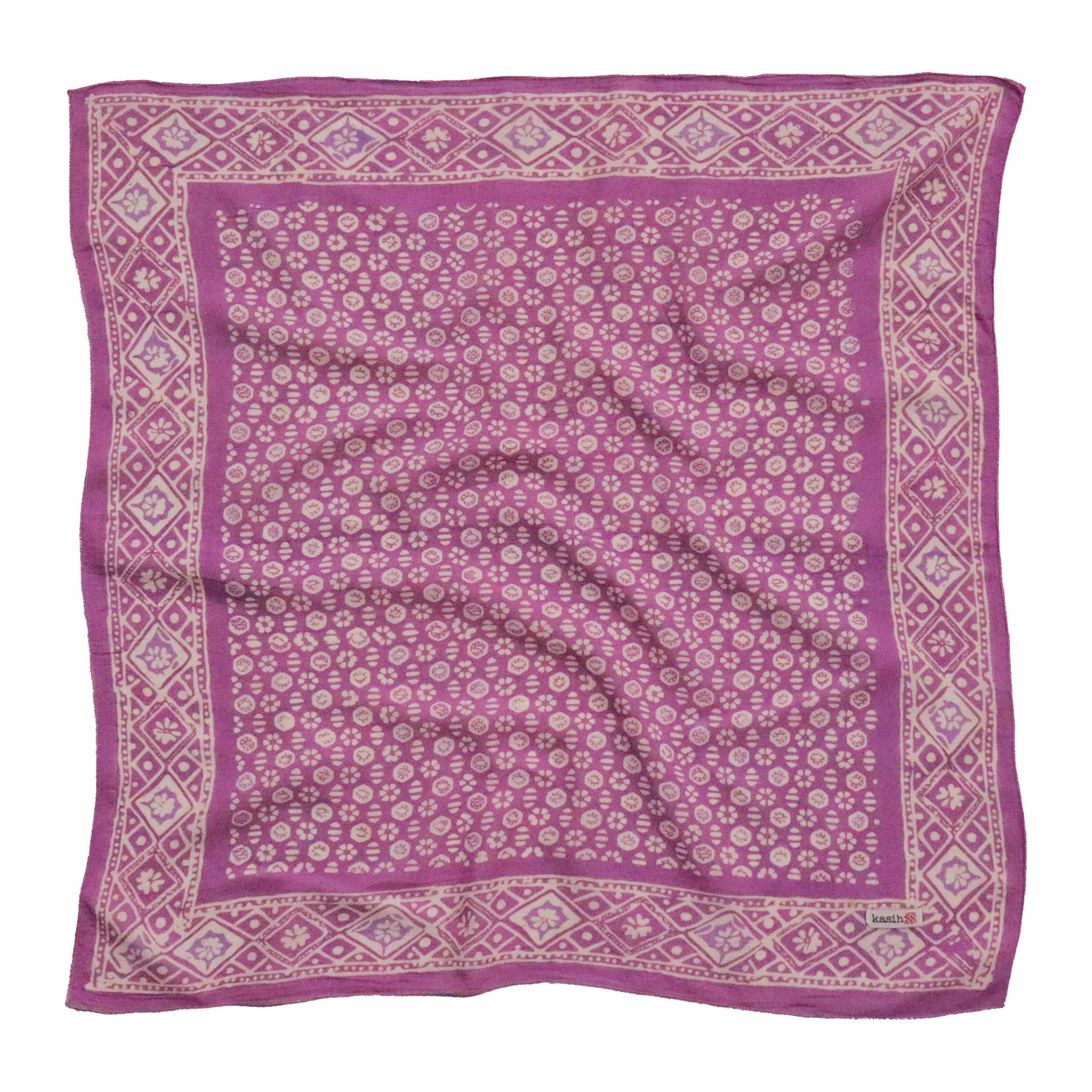 Kasih Co-op - Vente Bandana – femme - Bandana batik teint à la main, 100 % coton doux, motif floraison intemporelle, violet lilas lavande rose3