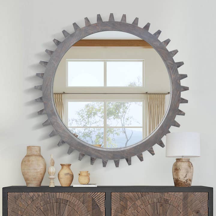 Dark Brown Vintage Wood Round Hanging Gear Shape Decorative Mirror for wholesale on Faire