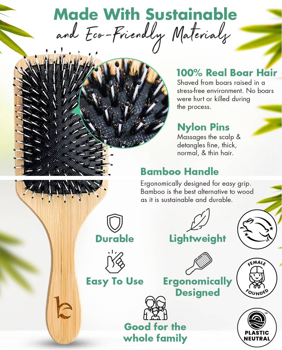 Beauty By Earth - Vente Peigne/brosse à cheveux - Brosse à cheveux - Brosse à palette avec poils de sanglier et épingles en nylon2