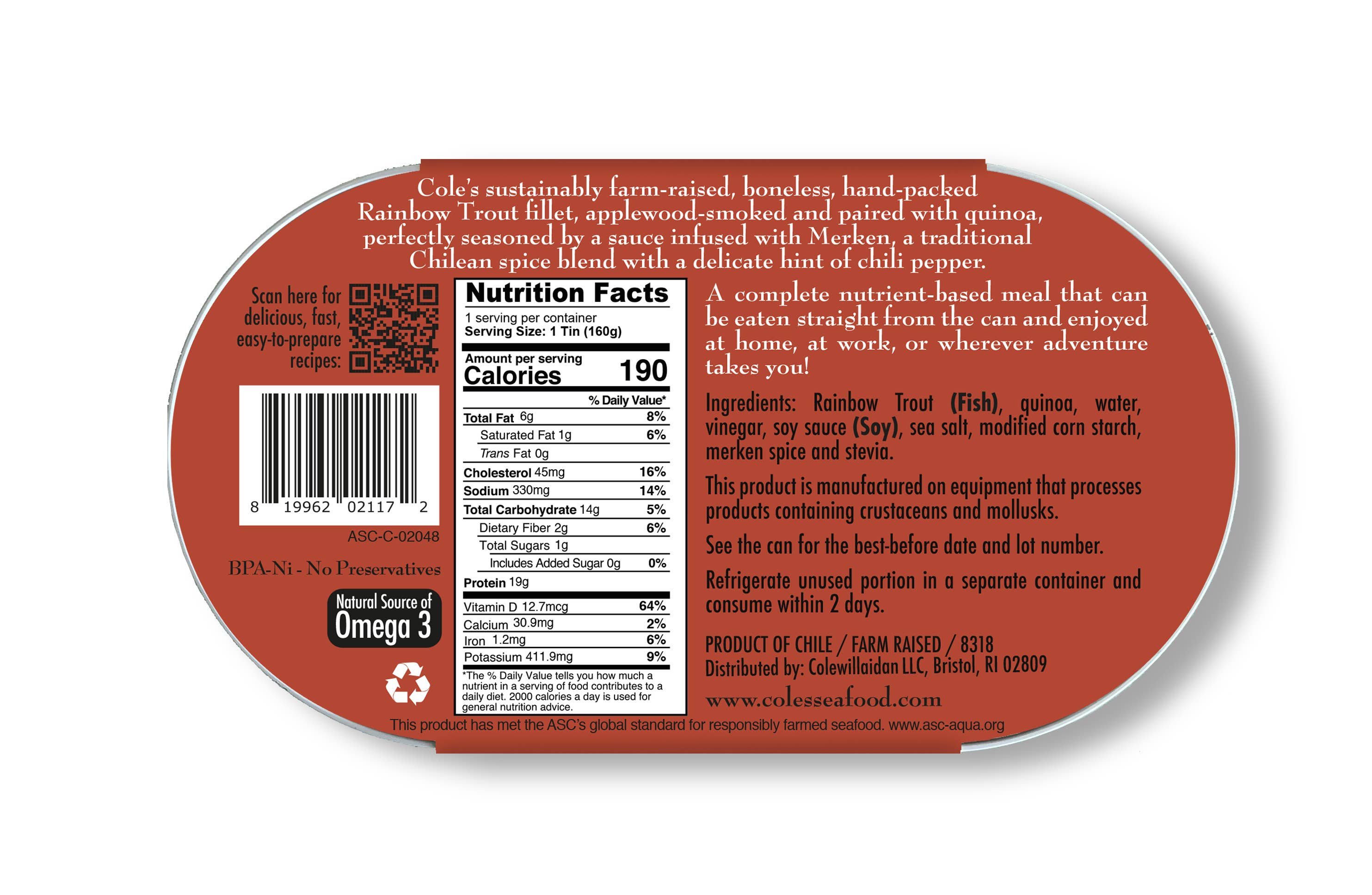 Cole's Seafood - Wholesale Shelf Stable Prepared Meal - Smoked Rainbow Trout Fillet w. Quinoa Open & Eat Meal1
