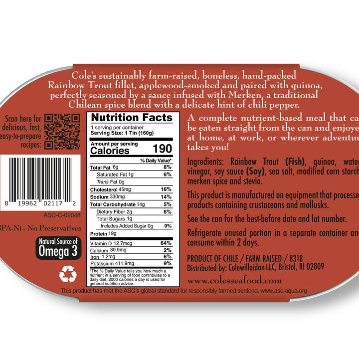 Cole's Seafood - Wholesale Shelf Stable Prepared Meal - Smoked Rainbow Trout Fillet w. Quinoa Open & Eat Meal1