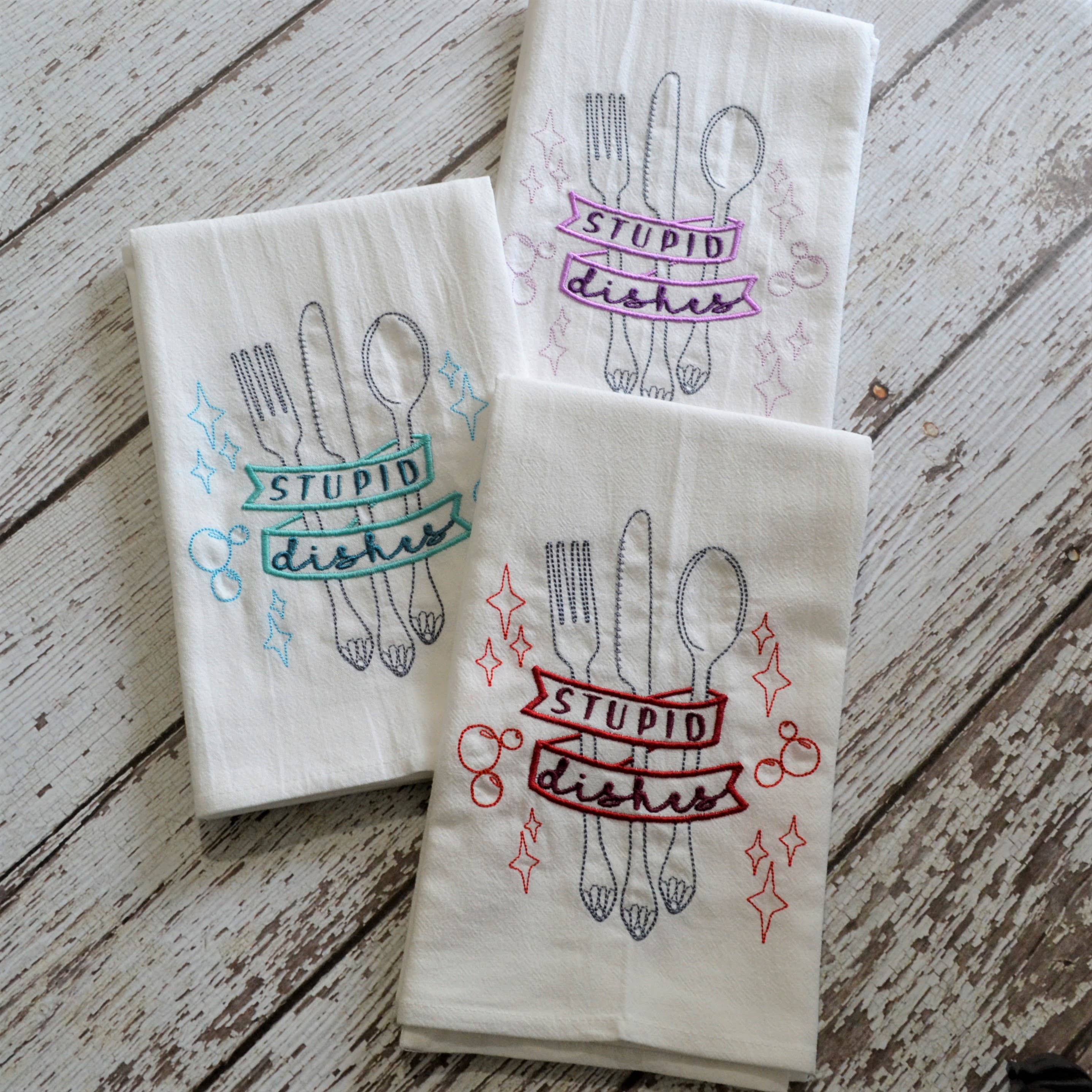 SewMuchMoreStore - Wholesale Tea Towel - CLEARANCE - Stupid Dishes Tea Towel, Embroidered Floursack8