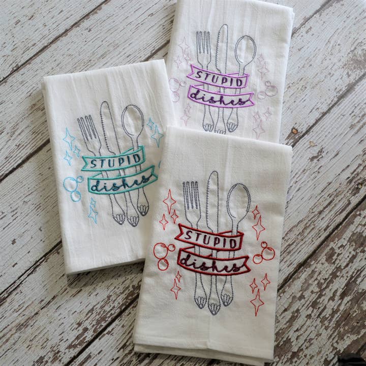SewMuchMoreStore - Wholesale Tea Towel - CLEARANCE - Stupid Dishes Tea Towel, Embroidered Floursack8