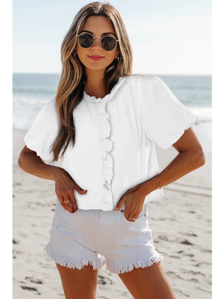 Aapparella - Wholesale Blouse - Women's - Texture Striped Ruffled Detail Shirt | S-XL