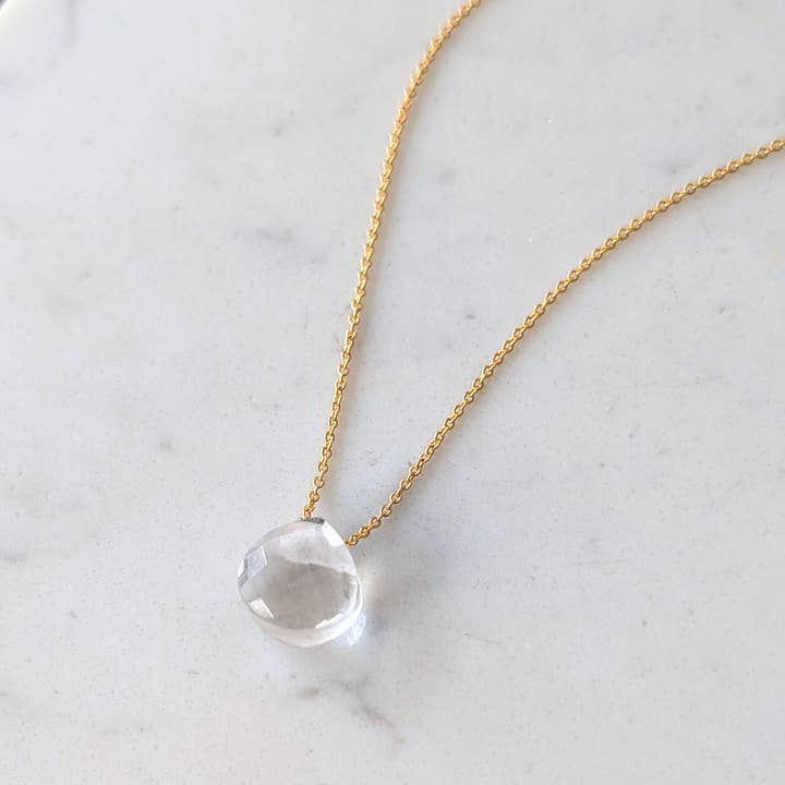 Clear Quartz Teardrop April Birthstone Necklace for wholesale by Lapis London