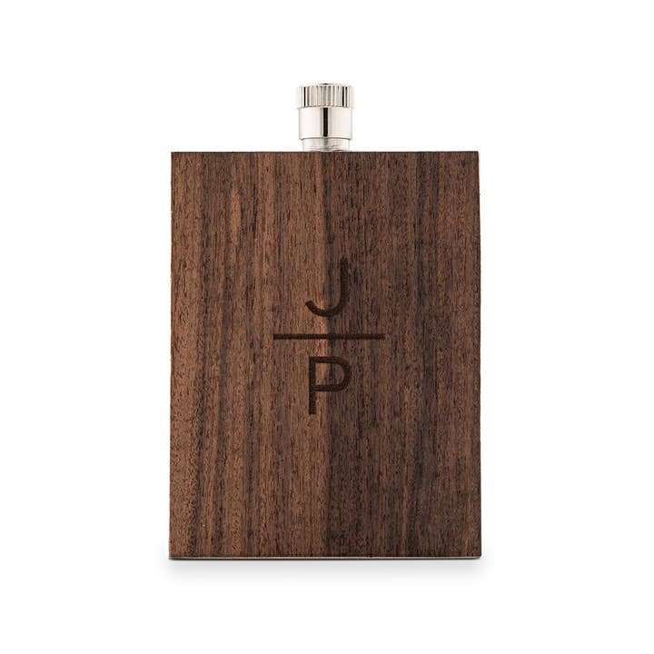 Rustic Wood Wrapped Flask- Stacked Monogram for wholesale by Weddingstar Inc.