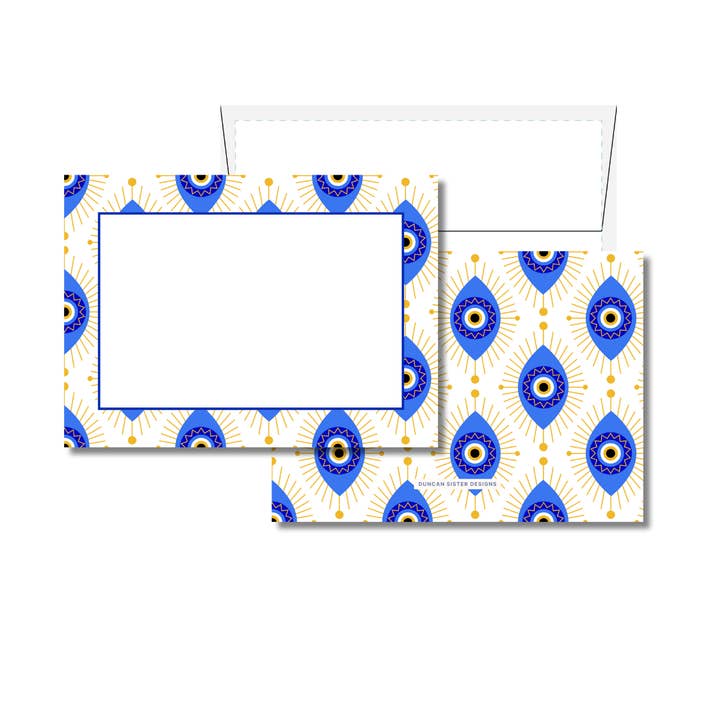 Store blå og gyldne onde øje-kort – Sæt med 8, fremstillet i USA for engroshandel hos Duncan Sister Designs