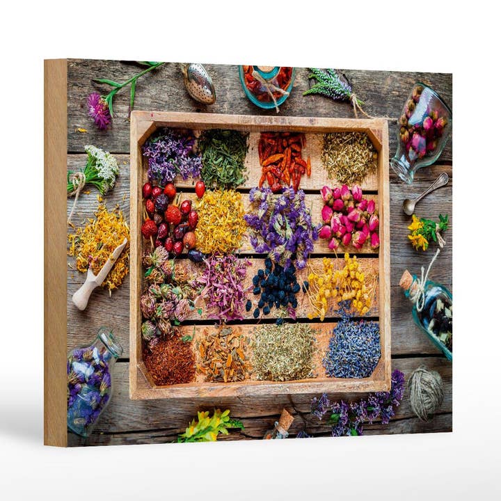 Panneau en bois 12x18 cm herbes séchées sur table en bois pour la vente par Femer