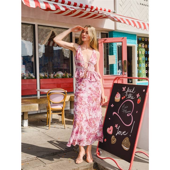 Conjunto de top de chiffon floral e saia comprida por atacado de Honey Mango