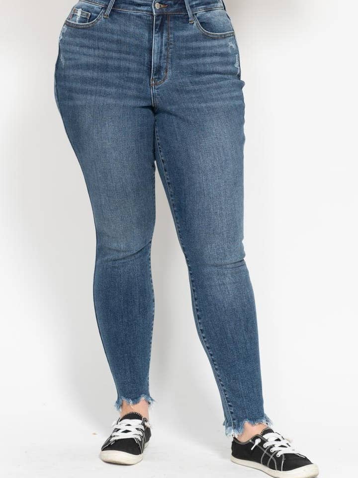 HW Skinny w/ Destroy & Shark Bit Hem - PLUS for wholesale by Judy Blue Jeans