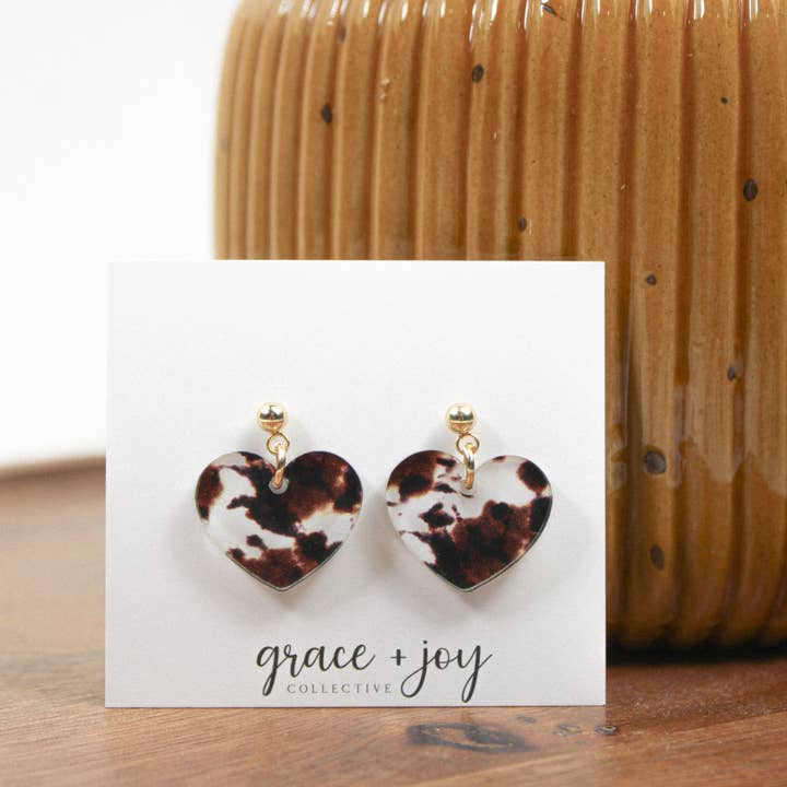 Cow print heart Dangle Earrings, Acrylic Earring for wholesale by Grace + Joy Collective