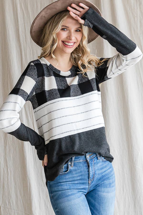 7th Ray - Wholesale Knit Top - Women's - Cozy Color Block Plaid Striped Thumbhole Pullover TopT4423-14