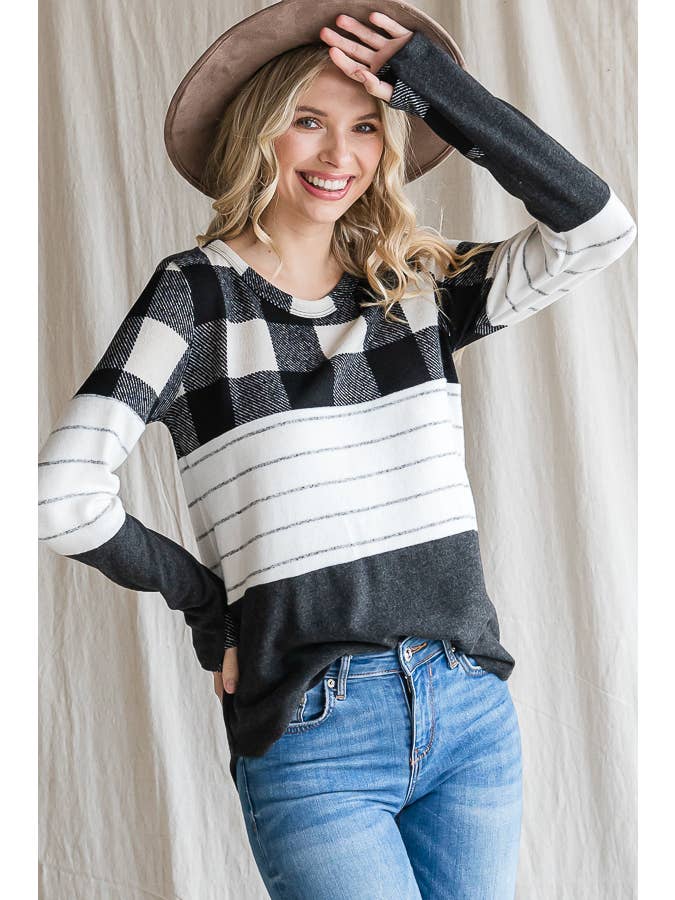7th Ray - Wholesale Knit Top - Women's - Cozy Color Block Plaid Striped Thumbhole Pullover TopT4423-14