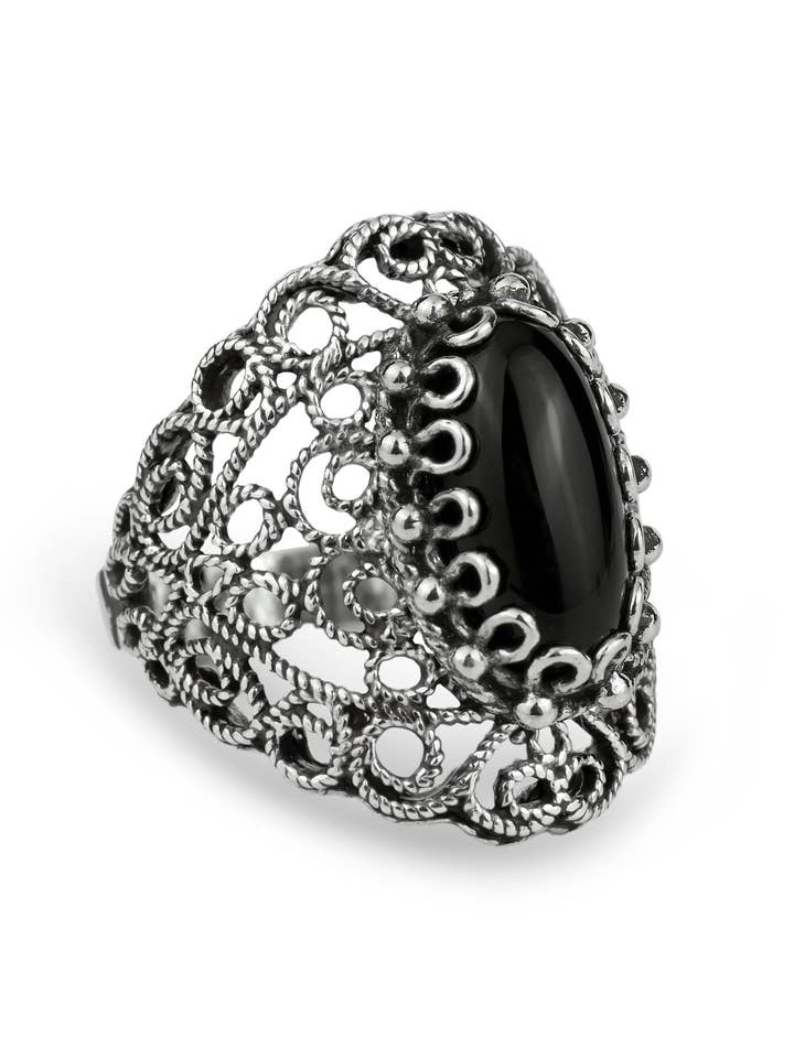 Zwart Onyx Kant Cocktail Design Zilveren Ring voor wholesale door Filigranist Jewelry