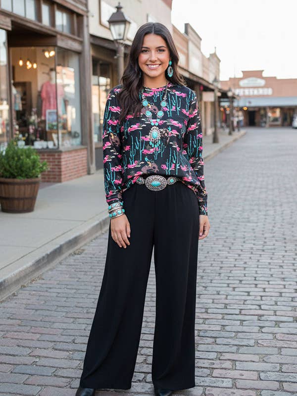 Western cactus & cowboy & pink flower women top XCH16915 for wholesale by luluclothes