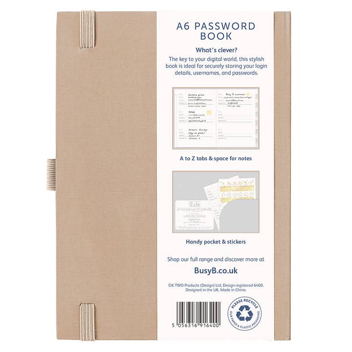 Busy B – wholesale Notebook – A6 Password Book - Organiser - Caramel Fabric Cover - Busy B9