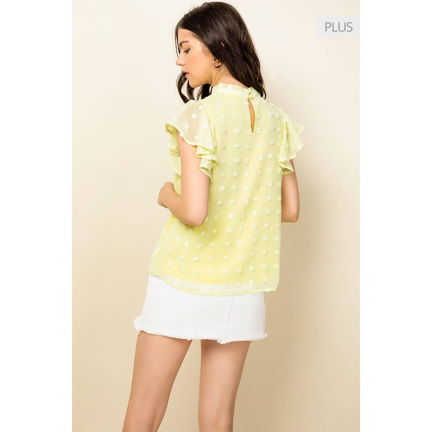 YELLOW /Size XL/ Romantic Pom Dot Top Featuring Draped Flutter Slee for wholesale on Faire5