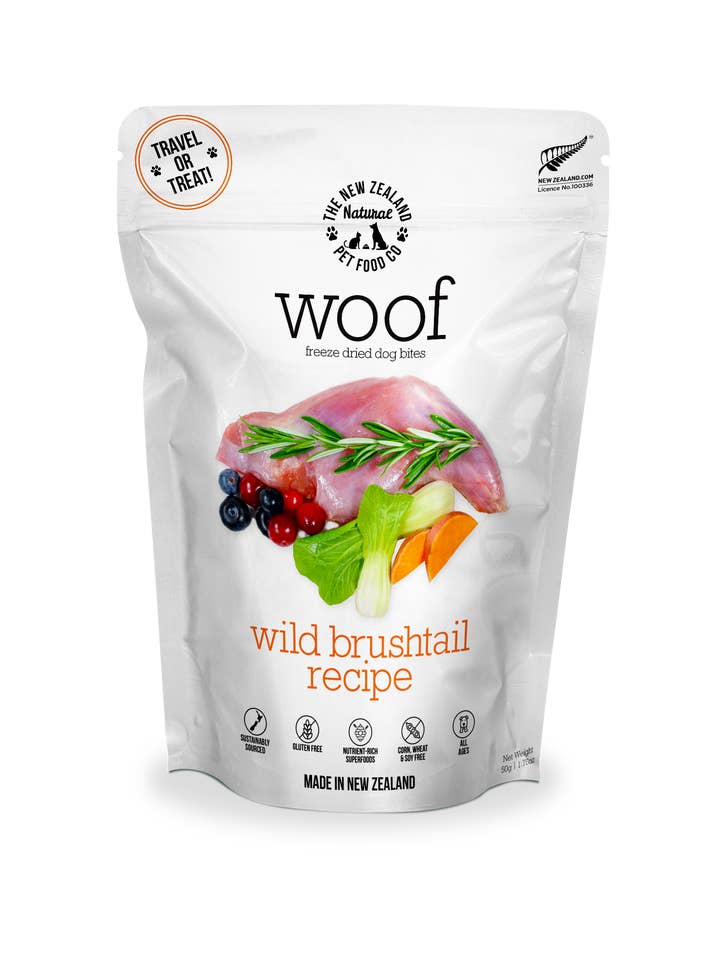 Woof Wild Brushtail Freeze Dried Dog 1.76oz | 9.9oz | 2.2lb for wholesale by The New Zealand Natural Pet Food Co