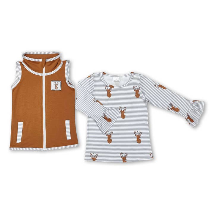 Sleeveless deer vest long sleeves shirt girls clothing set for wholesale by Yawoo Garments