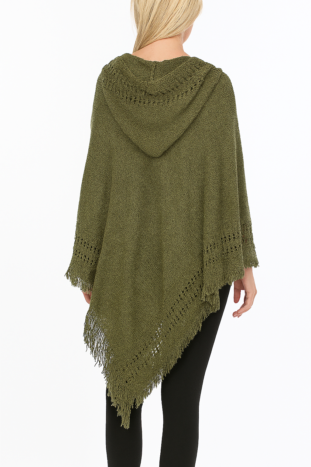 Fennco Styles – wholesale Poncho – Women's – Olive Green Fringed Lace Up Hooded Pullover Poncho 1