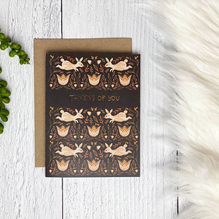 Amicreative - Wholesale Ik denk aan je-kaartje - Thinking of You Bunnies Gold Foil Wenskaart1