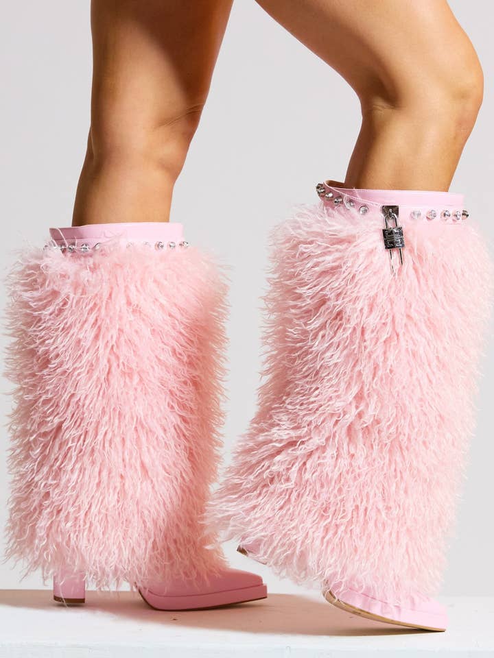 Rosée støvler i pink kunstpels med rhinsten for engroshandel hos Sparkl