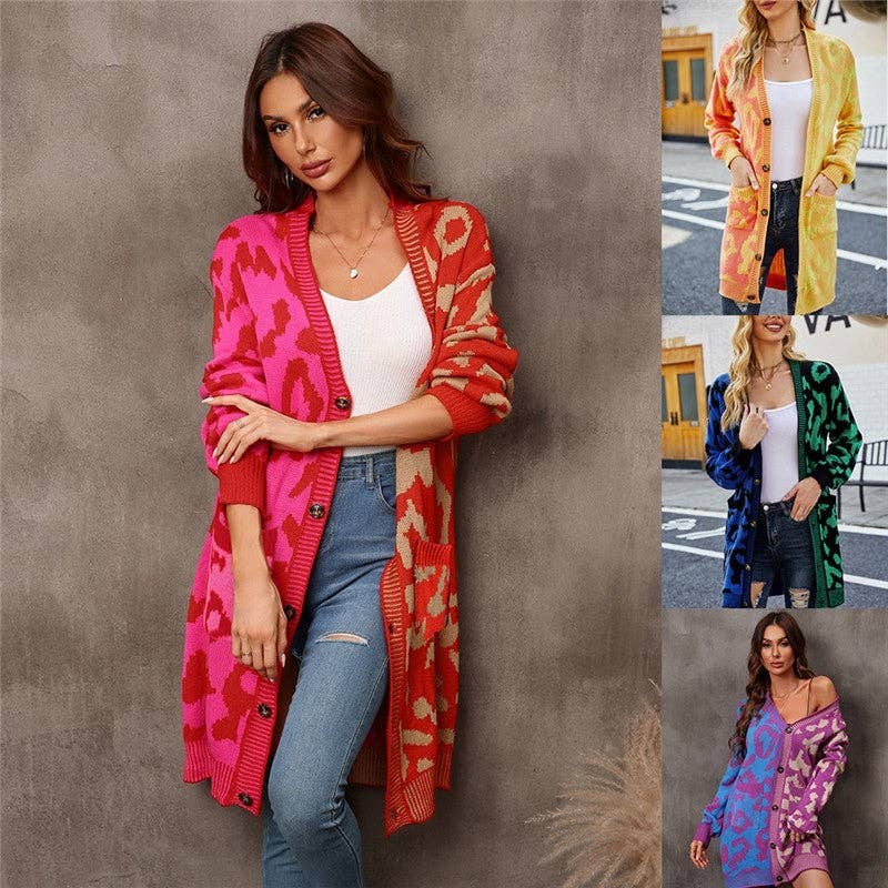 Mirazshoes WholeSale - Wholesale Cardigan - Women's - Contrast Color Leopard Buttoned Midi Knitted Cardigan Outerwear6