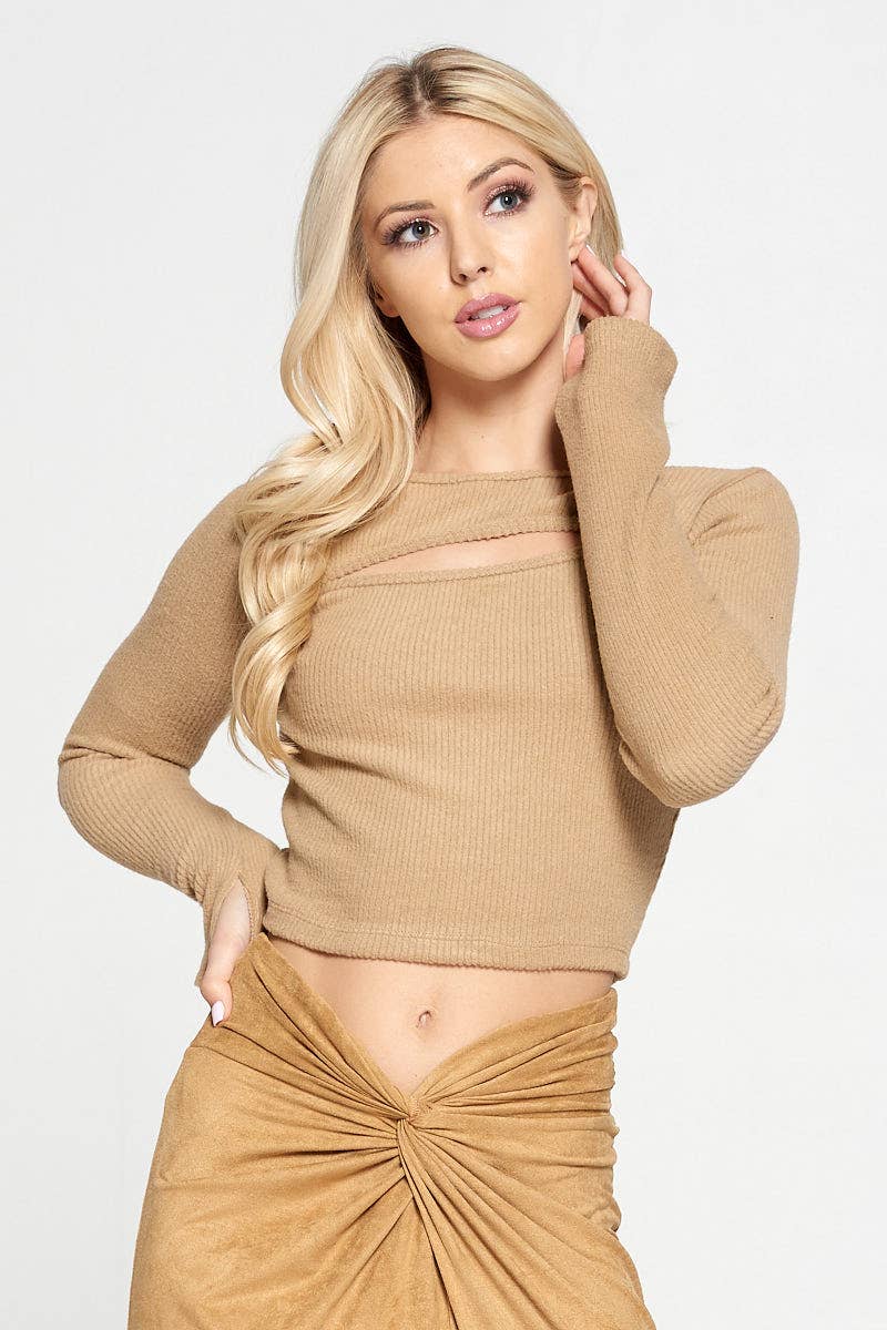 KHAKI Made in USA Ribbed Knit Cut Out Front Top for wholesale on Faire1
